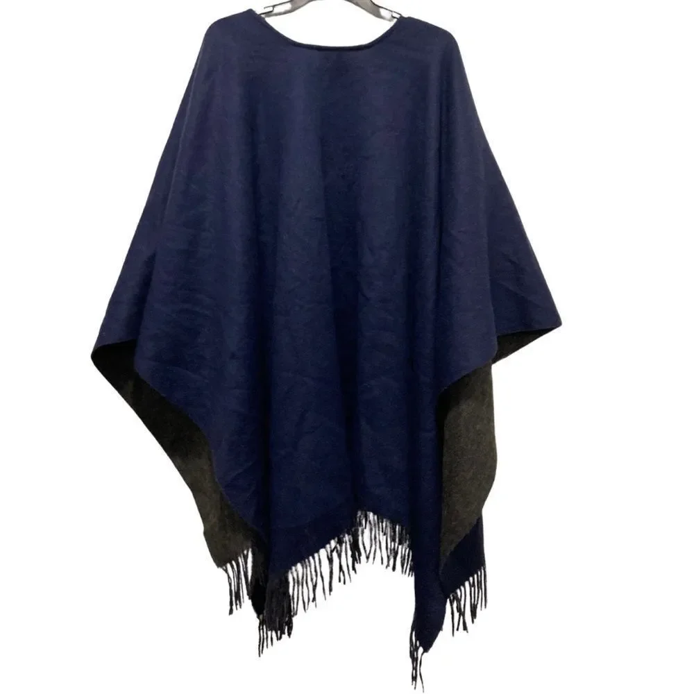 EUC Rag & Bone Double-Faced Fringed Edge Shawl Wrap in NAVY / GRAY
